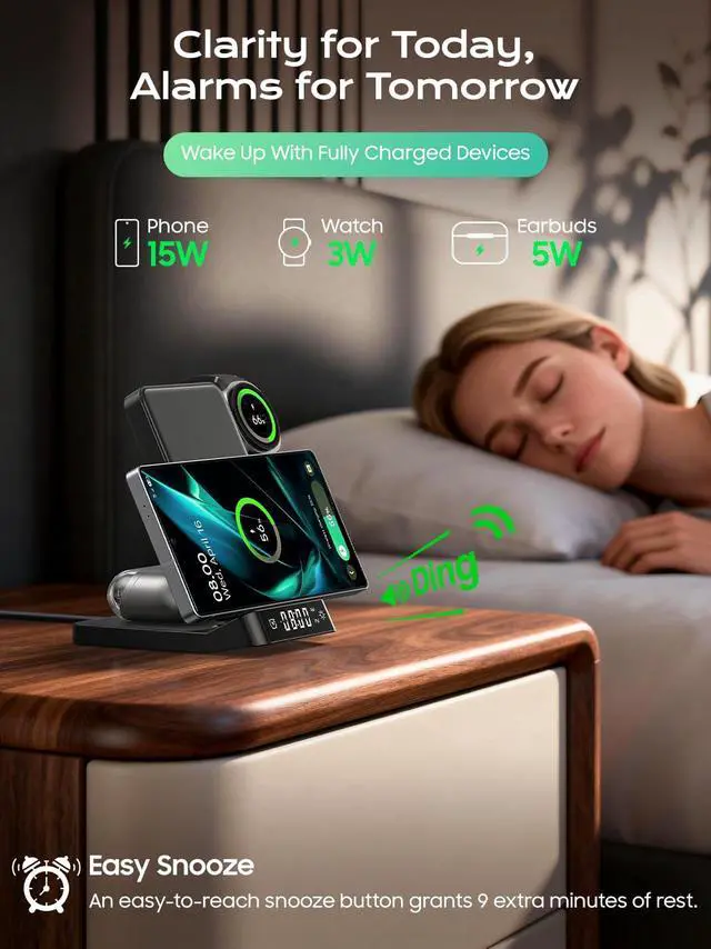 Alt view image 3 of 7 - Alarm Clock Wireless Charging Station for Samsung Devices, 3 in 1 Foldable Wireless Charger for Galaxy S26 Ultra S25/Z Fold 7/6/Z Flip, & Galaxy Watch Charger Stand for Galaxy Ultra/8/7, Buds