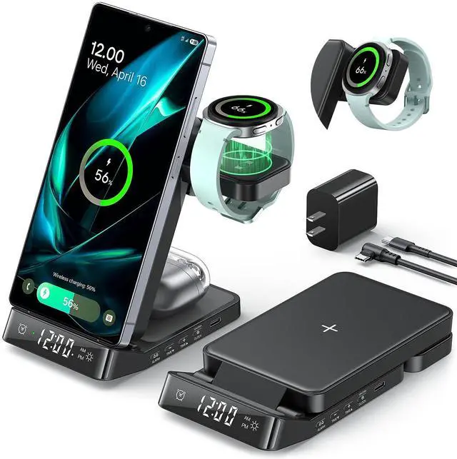 Main image of Alarm Clock Wireless Charging Station for Samsung Devices, 3 in 1 Foldable Wireless Charger for Galaxy S26 Ultra S25/Z Fold 7/6/Z Flip, & Galaxy Watch Charger Stand for Galaxy Ultra/8/7, Buds