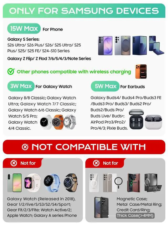 Alt view image 2 of 7 - Alarm Clock Wireless Charging Station for Samsung Devices, 3 in 1 Foldable Wireless Charger for Galaxy S26 Ultra S25/Z Fold 7/6/Z Flip, & Galaxy Watch Charger Stand for Galaxy Ultra/8/7, Buds