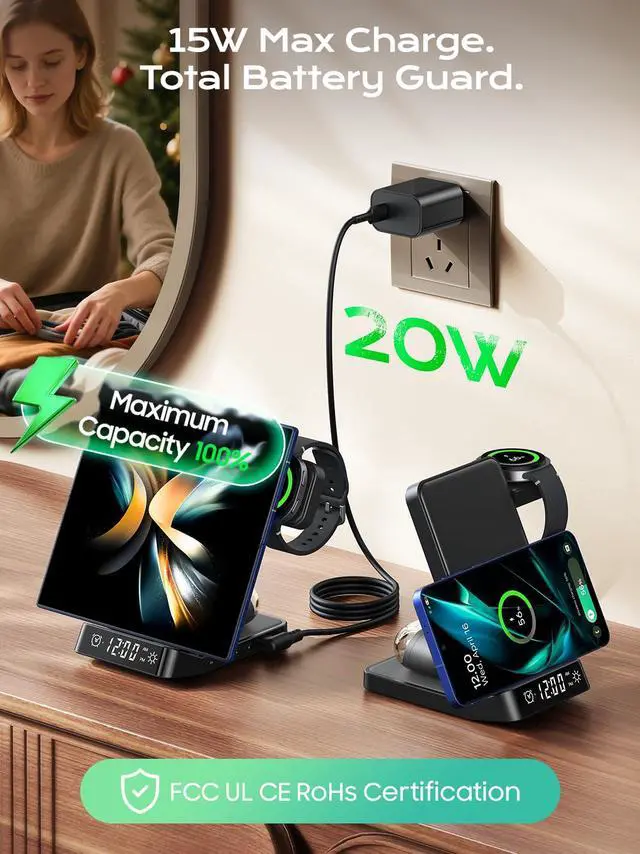 Alt view image 5 of 7 - Alarm Clock Wireless Charging Station for Samsung Devices, 3 in 1 Foldable Wireless Charger for Galaxy S26 Ultra S25/Z Fold 7/6/Z Flip, & Galaxy Watch Charger Stand for Galaxy Ultra/8/7, Buds