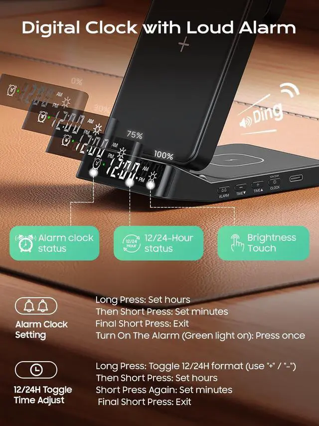 Alt view image 4 of 7 - Alarm Clock Wireless Charging Station for Samsung Devices, 3 in 1 Foldable Wireless Charger for Galaxy S26 Ultra S25/Z Fold 7/6/Z Flip, & Galaxy Watch Charger Stand for Galaxy Ultra/8/7, Buds