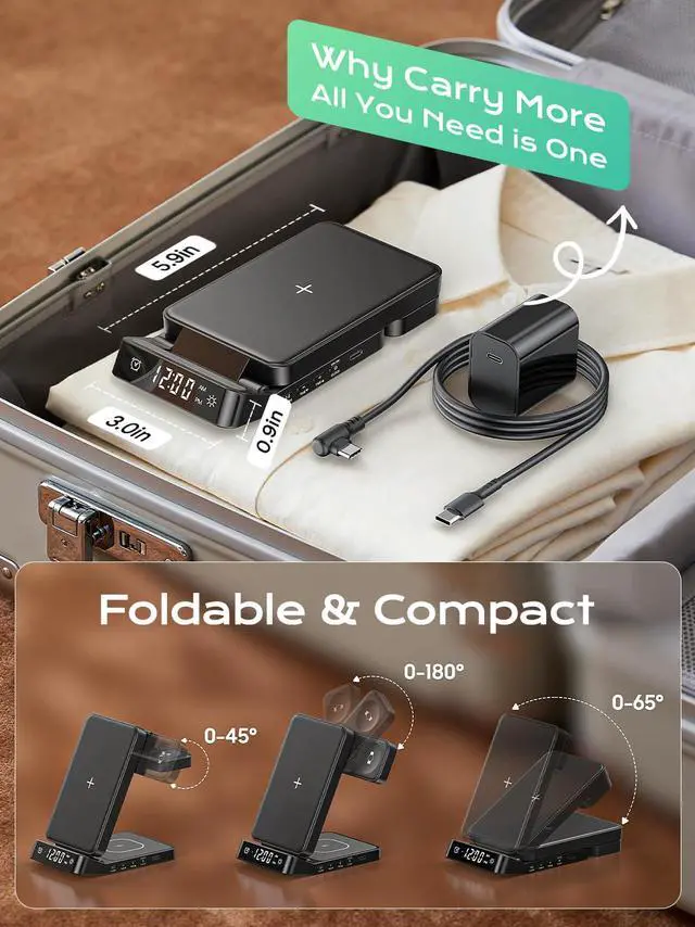 Alt view image 6 of 7 - Alarm Clock Wireless Charging Station for Samsung Devices, 3 in 1 Foldable Wireless Charger for Galaxy S26 Ultra S25/Z Fold 7/6/Z Flip, & Galaxy Watch Charger Stand for Galaxy Ultra/8/7, Buds