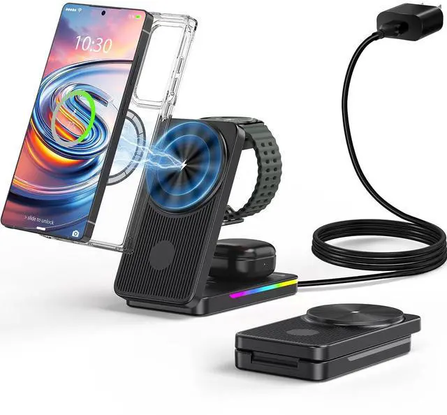 Main image of 3 in 1 Magnetic Wireless Charger for Samsung, Foldable Android Charging Station for Samsung Galaxy S26 Ultra/S25/Z Fold7/Flip7, Watch Charger for Galaxy Watch Ultra/8/7/Buds4 Pro (for Travel)