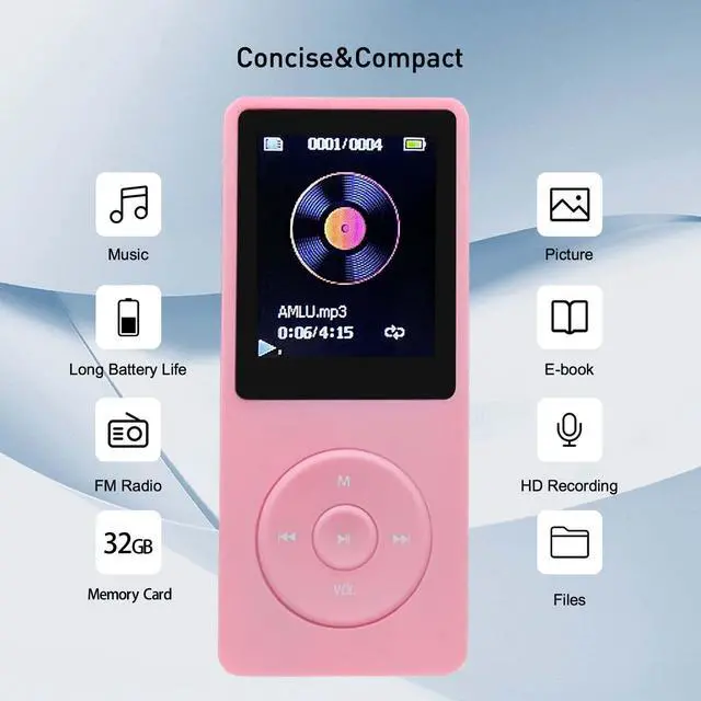 Alt view image 2 of 6 - MP3 Player 32GB with Speaker Earphones Portable Music Player for Kids Support FM Radio Voice Recorder E-Book Support up to 128GB Pink