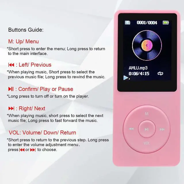 Alt view image 3 of 6 - MP3 Player 32GB with Speaker Earphones Portable Music Player for Kids Support FM Radio Voice Recorder E-Book Support up to 128GB Pink