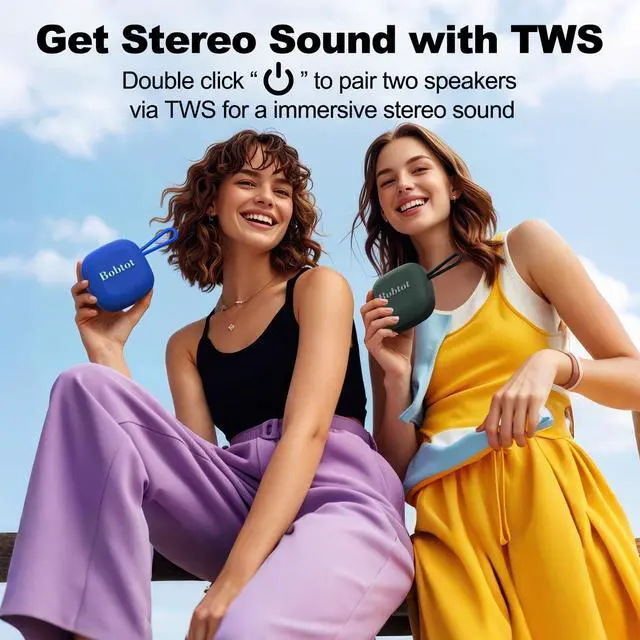Alt view image 6 of 6 - Bobtot Portable Wireless Bluetooth Speakers - IPX7 Waterproof Small Shower Speaker with 16 Hours Playtime, Loud Stereo Sound, Built-in Mic, TWS, Mini Size with Carry Lanyard for Outdoor, Blue
