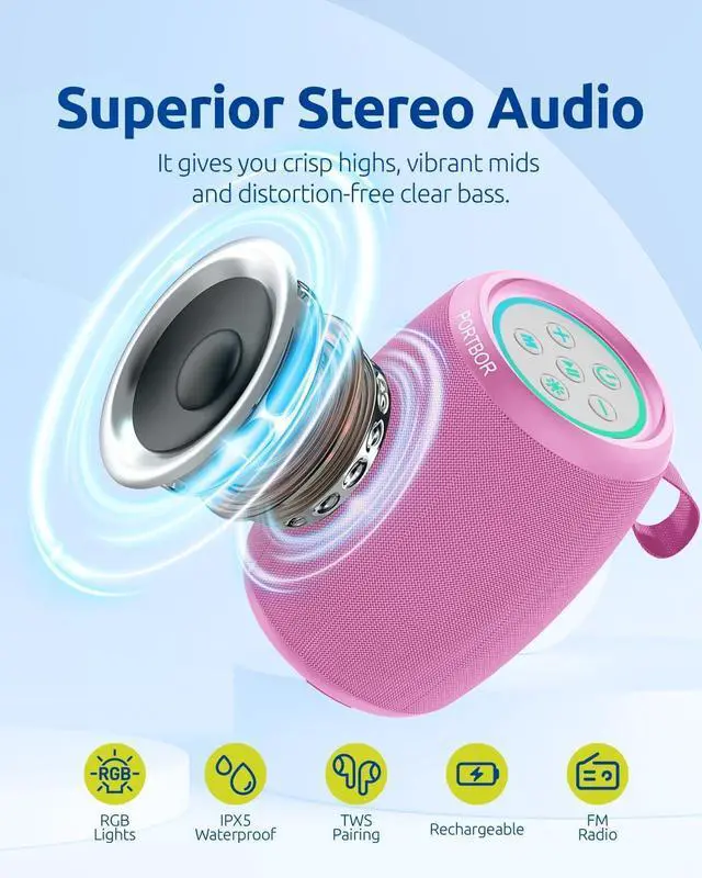 Alt view image 2 of 6 - Portable Bluetooth Speaker with Lights, Powerful Stereo Loud Sound Wireless Small Speaker, IPX5 Waterproof, BT5.3, TWS Pairing, for Outdoor/Home/Party/Beach/Shower, Birthday Holiday Electronic Gift