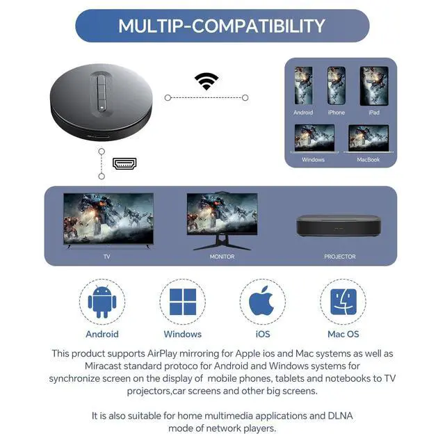 Alt view image 4 of 7 - Wireless HDMI Display Dongle Adapter Miracast Dongle, DLNA, AirPlay - Plug & Play Video/Audio Streaming from Laptop, PC, Smartphone to HDTV, Projector, Monitor