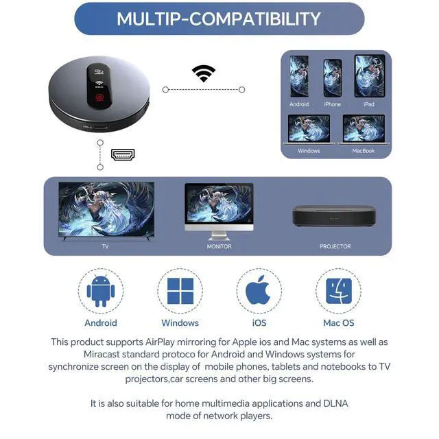 Alt view image 4 of 7 - Wireless HDMI Display Dongle Adapter - Miracast Dongle with AirPlay DLNA, for Video/Audio Streaming from Phone, Laptop to HDTV, Monitor, Projector