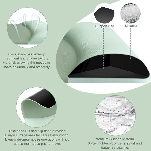 Alt view image 2 of 7 - Wrist Rest Support for Mouse Pad&Keyboard Set, Rectangular Ergonomic Mousepad Non-Slip Base Home/Office Pain Relief&Easy Typing Pad with Neoprene Cloth&Raised Silicone Lining, Green