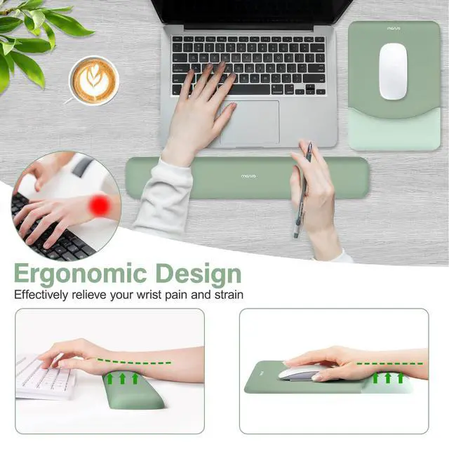 Alt view image 3 of 7 - Wrist Rest Support for Mouse Pad&Keyboard Set, Rectangular Ergonomic Mousepad Non-Slip Base Home/Office Pain Relief&Easy Typing Pad with Neoprene Cloth&Raised Silicone Lining, Green