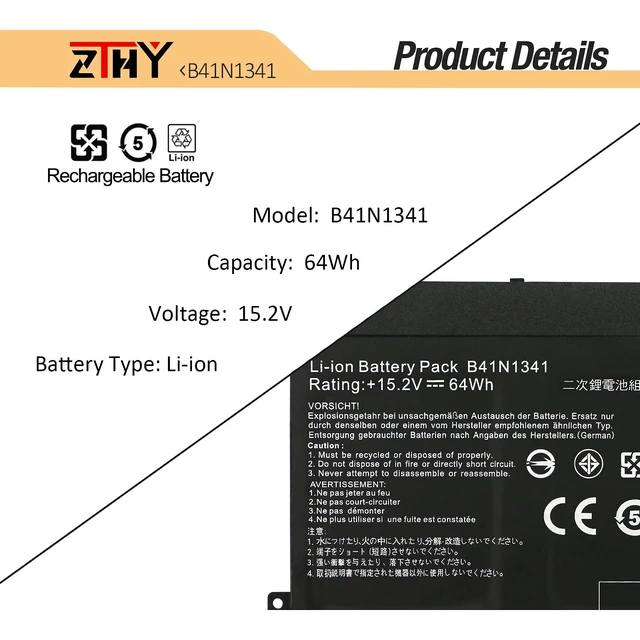 Alt view image 3 of 7 - 64Wh B41N1341 Laptop Battery Replacement for ASUS Q502 Q502L Q502LA Series Q502LA-BBI5T12 Q502LA-BBI5T14 Q502LA-BBI5T15 Q502LA-BSI5T14 Series Notebook 0B200-00960000 15.2V