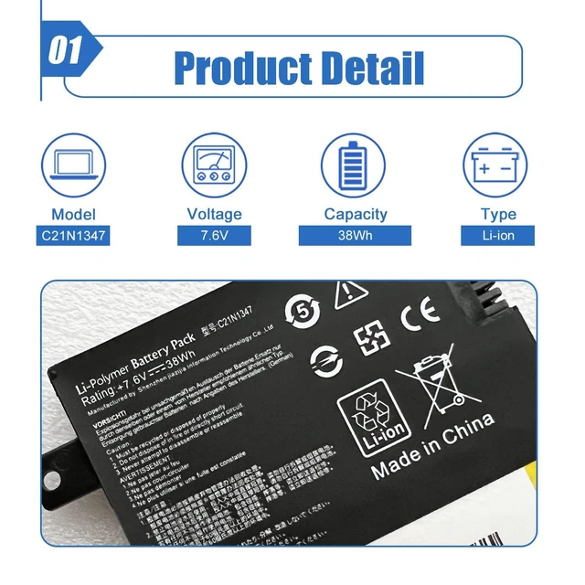 Alt view image 2 of 6 - C21N1347 Battery Replace for ASUS X555 X555LA X555LD X555LN X555L X555LB X555LF X555LI X555LJ X555LP X555U X555SJ X555YI A555 A555L F555 X555LD4030 A555LD4210 Series 2ICP4/63/134 7.6V 38Wh