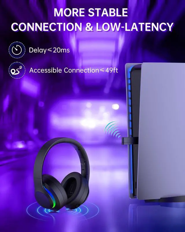Alt view image 3 of 7 - Wireless Gaming Headset for PS5, Foldable 2.4GHz Gaming Headphones for PS5, PS4, Switch, PC, Bluetooth 5.4 Gaming Headset with 45H Battery, Noise Canceling Mic, USB-C, RGB Lights - Black