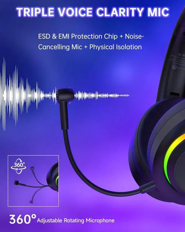 Alt view image 6 of 7 - Wireless Gaming Headset for PS5, Foldable 2.4GHz Gaming Headphones for PS5, PS4, Switch, PC, Bluetooth 5.4 Gaming Headset with 45H Battery, Noise Canceling Mic, USB-C, RGB Lights - Black