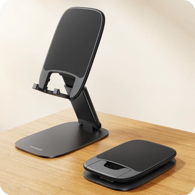 Main image of Ultra-Thin Foldable Cell Phone Stand for Desk | 0.59" Slim Fold, Height & Angle Adjustable, Sturdy Metal Base, Thick Case Friendly for iPhone 17/16/15/14 Pro Max, Galaxy S26