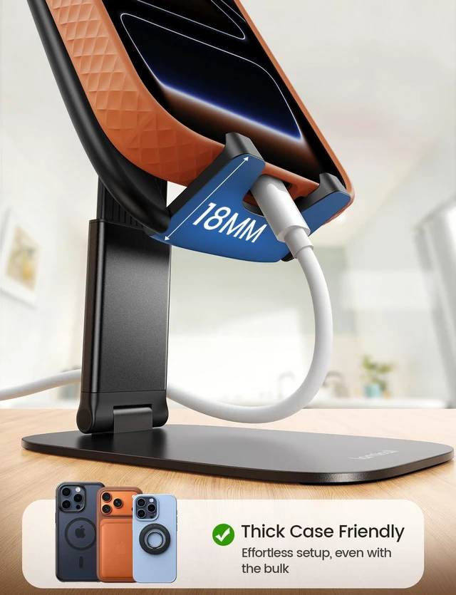 Alt view image 3 of 7 - Ultra-Thin Foldable Cell Phone Stand for Desk | 0.59" Slim Fold, Height & Angle Adjustable, Sturdy Metal Base, Thick Case Friendly for iPhone 17/16/15/14 Pro Max, Galaxy S26