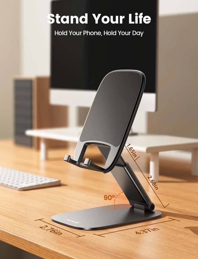 Alt view image 4 of 7 - Ultra-Thin Foldable Cell Phone Stand for Desk | 0.59" Slim Fold, Height & Angle Adjustable, Sturdy Metal Base, Thick Case Friendly for iPhone 17/16/15/14 Pro Max, Galaxy S26