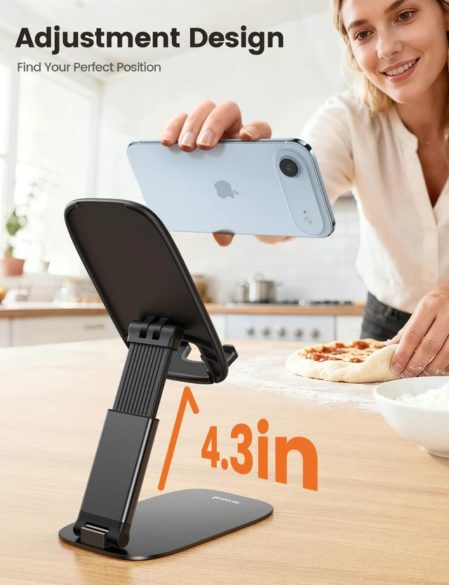 Alt view image 5 of 7 - Ultra-Thin Foldable Cell Phone Stand for Desk | 0.59" Slim Fold, Height & Angle Adjustable, Sturdy Metal Base, Thick Case Friendly for iPhone 17/16/15/14 Pro Max, Galaxy S26