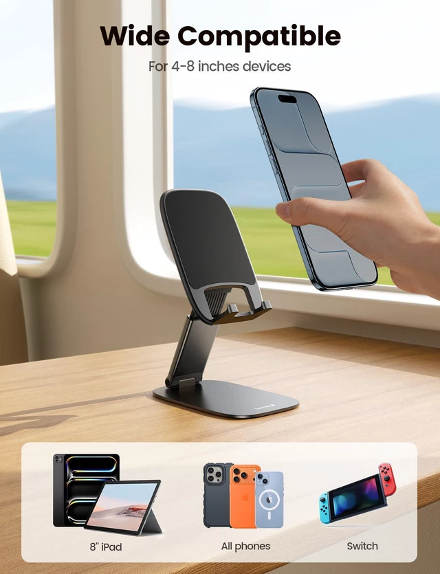 Alt view image 6 of 7 - Ultra-Thin Foldable Cell Phone Stand for Desk | 0.59" Slim Fold, Height & Angle Adjustable, Sturdy Metal Base, Thick Case Friendly for iPhone 17/16/15/14 Pro Max, Galaxy S26
