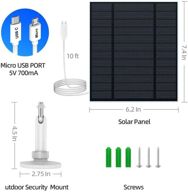 Alt view image 6 of 7 - 5W Solar Panel for Security Camera, Solar Panel with Micro USB & USB-C Port for DC 5V Outdoor Rechargeable Battery Camera, IP65 Waterproof, 360° Adjustable Security Mount, 9.8ft Cable(White 2PC)