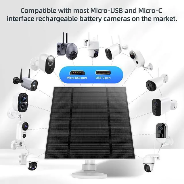 Alt view image 7 of 7 - 5W Solar Panel for Security Camera, Solar Panel with Micro USB & USB-C Port for DC 5V Outdoor Rechargeable Battery Camera, IP65 Waterproof, 360° Adjustable Security Mount, 9.8ft Cable(White 2PC)