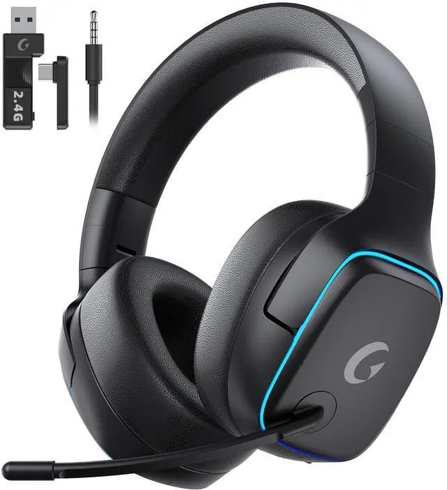 Main image of 2.4GHz Wireless Gaming Headsets for PS5, PS4, PC, Switch - Bluetooth 5.3 Gaming Headphones with Noise Canceling Mic, 7.1 Surround Sound, 70H Battery, Blue Lighting - Matte Black