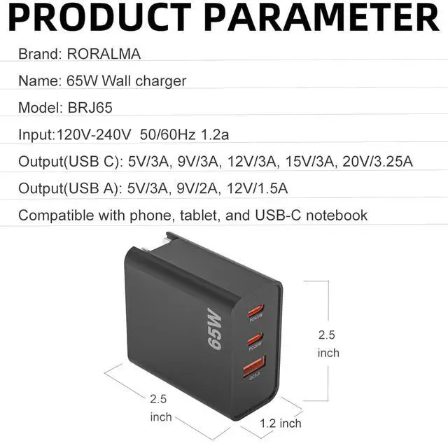 Alt view image 2 of 7 - 65W USB Type C Wall Charger, 2 Ports Compact Foldable Wall Charger for Switch, Steam Deck, Mac-Book Pro, Galaxy S24, Lenvo ThinkPad Yoga, DELL XPS Inspiron, HP Chromebook and More Series