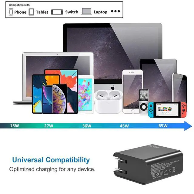 Alt view image 5 of 7 - 65W USB Type C Wall Charger, 2 Ports Compact Foldable Wall Charger for Switch, Steam Deck, Mac-Book Pro, Galaxy S24, Lenvo ThinkPad Yoga, DELL XPS Inspiron, HP Chromebook and More Series