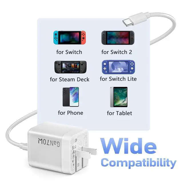 Alt view image 3 of 6 - 70W 65W USB C Fast Charger Compatible with Nintendo Switch 2 Charger/Nintendo Switch/Steam Deck/Deck OLED/ROG Ally/Lite/OLED Adapter