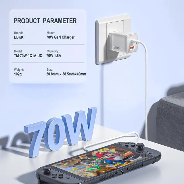 Alt view image 5 of 6 - 70W 65W USB C Fast Charger Compatible with Nintendo Switch 2 Charger/Nintendo Switch/Steam Deck/Deck OLED/ROG Ally/Lite/OLED Adapter