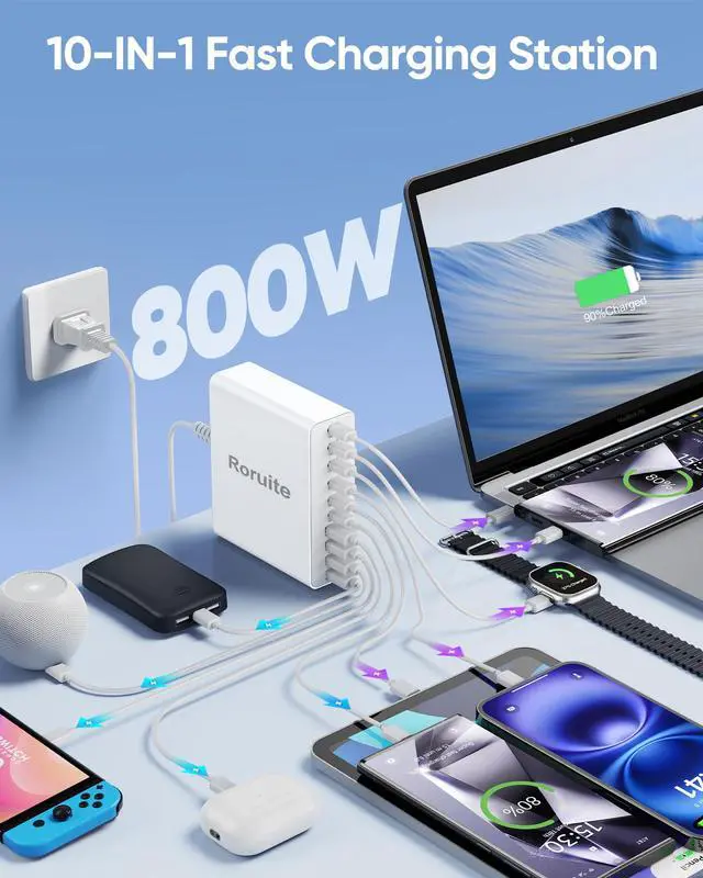 Alt view image 2 of 7 - 800W USB C Charging Station, 120W PD GaN5 Super Fast USB C Charger Block-10 Port, Type C Fast Charging Block for PC Laptop MacBook Pro/Air Charger Adapter with iPhone 17 16 15 14 Pro Max, iPad, Galaxy