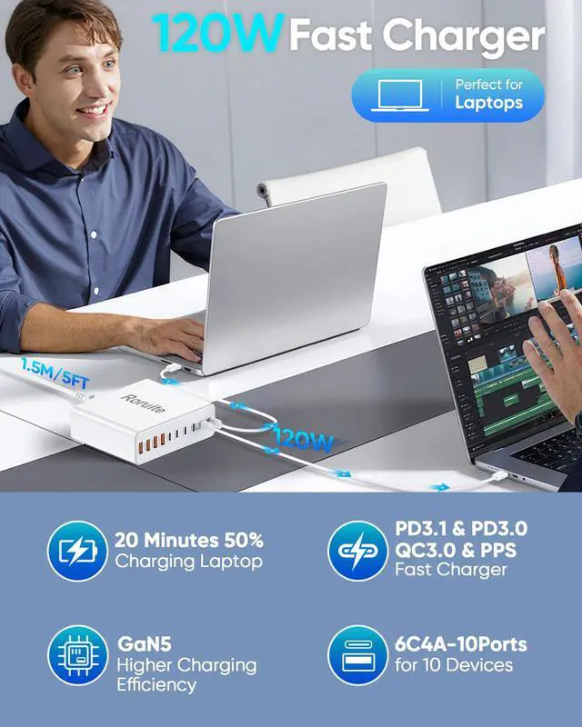 Alt view image 3 of 7 - 800W USB C Charging Station, 120W PD GaN5 Super Fast USB C Charger Block-10 Port, Type C Fast Charging Block for PC Laptop MacBook Pro/Air Charger Adapter with iPhone 17 16 15 14 Pro Max, iPad, Galaxy
