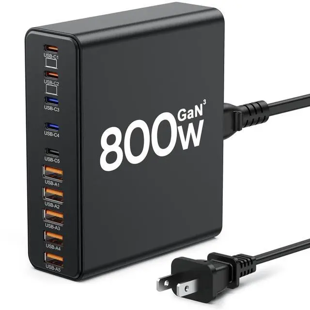 Main image of 800W USB C Charger Block,10-Port Charging Station GaN Fast Charging Type C & USB A Wall Charger Adapter for MacBook Pro/Air,iPhone,iPad,Dell XPS,Samsung Galaxy (Bright Black)