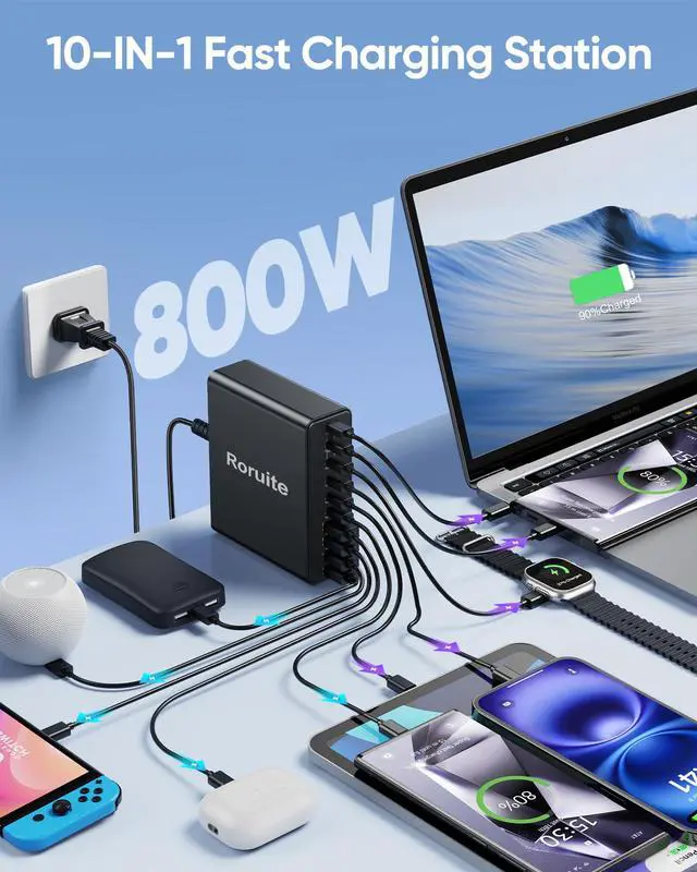 Alt view image 2 of 7 - 800W USB C Charging Station, 120W PD GaN5 Super Fast USB C Charger Block-10 Port, Type C for PC Laptop MacBook Pro/Air Charger Compatible with iPhone 17 16 15 14 13 12 Pro Max, iPad, Galaxy (Black)