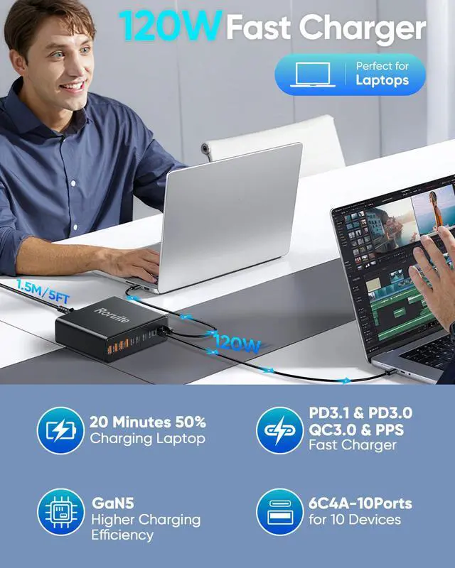 Alt view image 3 of 7 - 800W USB C Charging Station, 120W PD GaN5 Super Fast USB C Charger Block-10 Port, Type C for PC Laptop MacBook Pro/Air Charger Compatible with iPhone 17 16 15 14 13 12 Pro Max, iPad, Galaxy (Black)