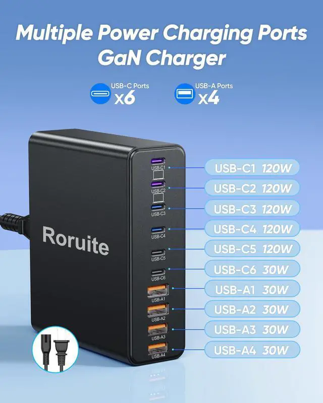 Alt view image 4 of 7 - 800W USB C Charging Station, 120W PD GaN5 Super Fast USB C Charger Block-10 Port, Type C for PC Laptop MacBook Pro/Air Charger Compatible with iPhone 17 16 15 14 13 12 Pro Max, iPad, Galaxy (Black)