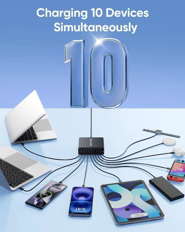 Alt view image 5 of 7 - 800W USB C Charging Station, 120W PD GaN5 Super Fast USB C Charger Block-10 Port, Type C for PC Laptop MacBook Pro/Air Charger Compatible with iPhone 17 16 15 14 13 12 Pro Max, iPad, Galaxy (Black)