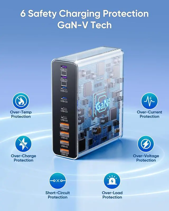 Alt view image 6 of 7 - 800W USB C Charging Station, 120W PD GaN5 Super Fast USB C Charger Block-10 Port, Type C for PC Laptop MacBook Pro/Air Charger Compatible with iPhone 17 16 15 14 13 12 Pro Max, iPad, Galaxy (Black)