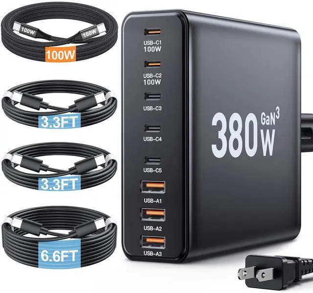 Main image of 380W USB C Charger Block,with 4 USB Cables 8-Port USB C Charging Station Dual 100W Laptop Charger Fast Charger Type C Charging Block for MacBook Pro, Dell XPS, iPhone, iPad, Tablet (Bright Black)