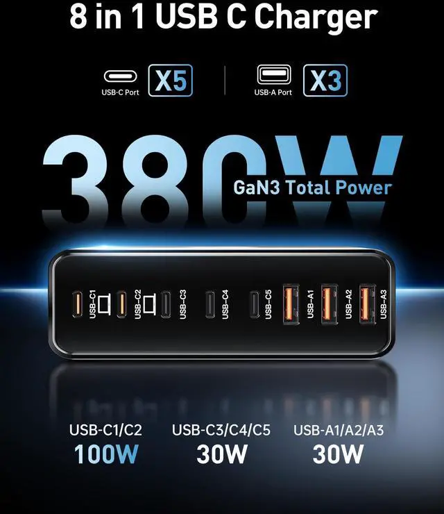 Alt view image 2 of 6 - 380W USB C Charger Block,with 4 USB Cables 8-Port USB C Charging Station Dual 100W Laptop Charger Fast Charger Type C Charging Block for MacBook Pro, Dell XPS, iPhone, iPad, Tablet (Bright Black)