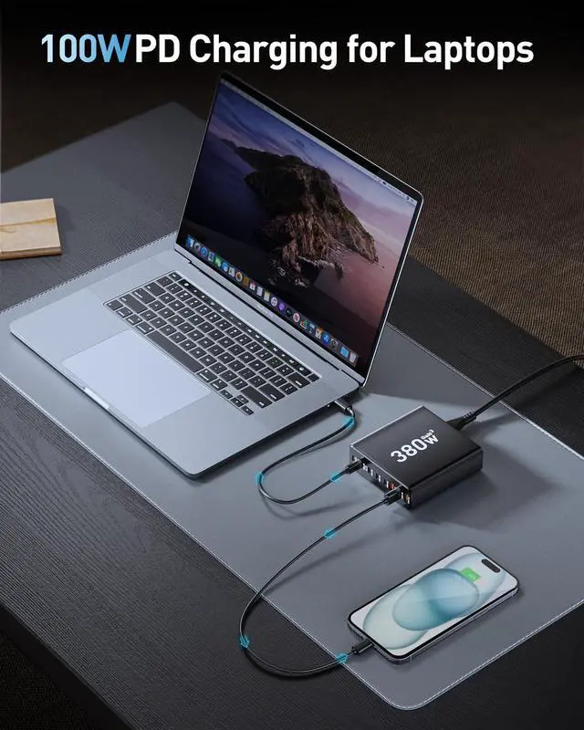 Alt view image 3 of 6 - 380W USB C Charger Block,with 4 USB Cables 8-Port USB C Charging Station Dual 100W Laptop Charger Fast Charger Type C Charging Block for MacBook Pro, Dell XPS, iPhone, iPad, Tablet (Bright Black)