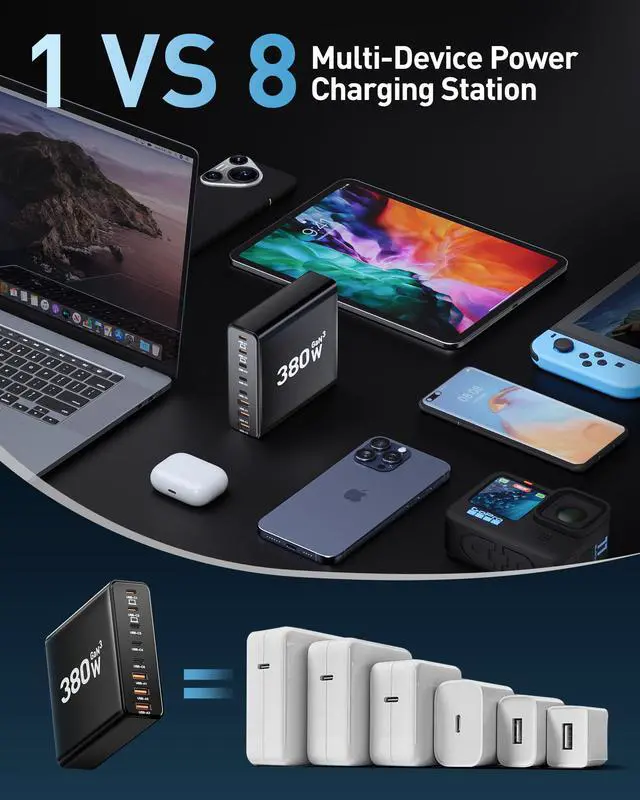 Alt view image 5 of 6 - 380W USB C Charger Block,with 4 USB Cables 8-Port USB C Charging Station Dual 100W Laptop Charger Fast Charger Type C Charging Block for MacBook Pro, Dell XPS, iPhone, iPad, Tablet (Bright Black)