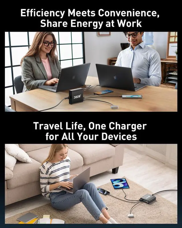 Alt view image 6 of 6 - 380W USB C Charger Block,with 4 USB Cables 8-Port USB C Charging Station Dual 100W Laptop Charger Fast Charger Type C Charging Block for MacBook Pro, Dell XPS, iPhone, iPad, Tablet (Bright Black)