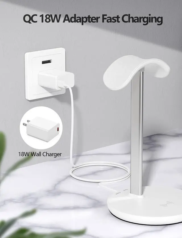 Alt view image 7 of 7 - Headphone Stand with Wireless Charger, Independent USB Charging Port, 5 in 1 Charging Station Headset Holder Rack for AirPods Max/Pro/4/3/2, iWatch, iPhone, Samsung and Desk Headphones, White