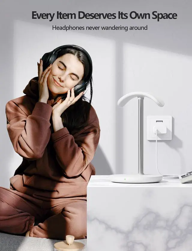 Alt view image 6 of 7 - Headphone Stand with Wireless Charger, Independent USB Charging Port, 5 in 1 Charging Station Headset Holder Rack for AirPods Max/Pro/4/3/2, iWatch, iPhone, Samsung and Desk Headphones, White