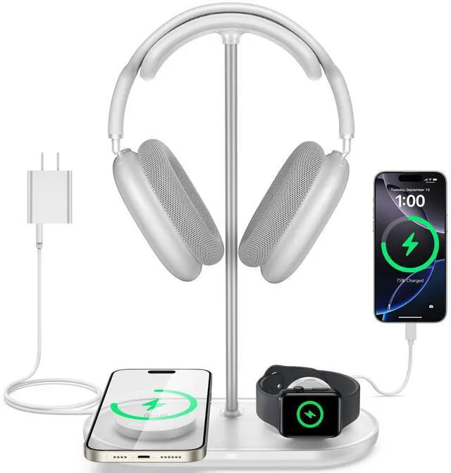 Main image of 5 in 1 Headphone Stand for Desk with Wireless Charger & USB Charging for iPhone/AirPods/iWatch, Universal Desktop Gaming Headset Holder for Airpods Max, Bose, Beats, Razer and More, White
