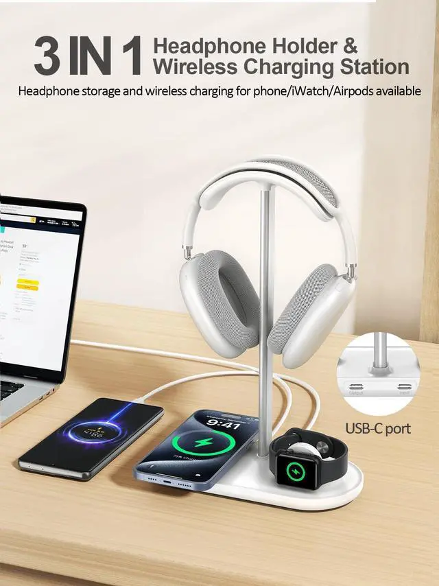 Alt view image 2 of 7 - 5 in 1 Headphone Stand for Desk with Wireless Charger & USB Charging for iPhone/AirPods/iWatch, Universal Desktop Gaming Headset Holder for Airpods Max, Bose, Beats, Razer and More, White