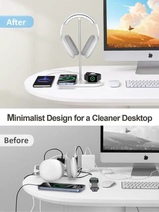 Alt view image 5 of 7 - 5 in 1 Headphone Stand for Desk with Wireless Charger & USB Charging for iPhone/AirPods/iWatch, Universal Desktop Gaming Headset Holder for Airpods Max, Bose, Beats, Razer and More, White