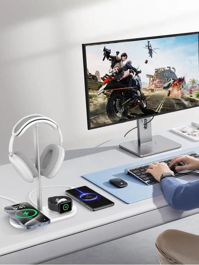 Alt view image 6 of 7 - 5 in 1 Headphone Stand for Desk with Wireless Charger & USB Charging for iPhone/AirPods/iWatch, Universal Desktop Gaming Headset Holder for Airpods Max, Bose, Beats, Razer and More, White